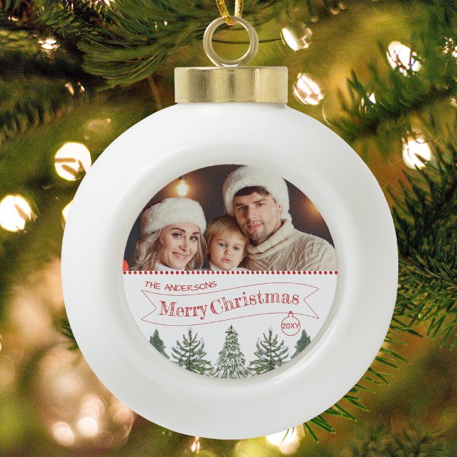 Green Winter Forest Family Photo Merry Christmas Ceramic Ball Christmas Ornament (Creator Uploaded)
