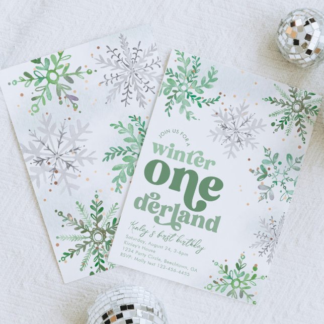 Green Winter Onederland Birthday Invitation (Creator Uploaded)