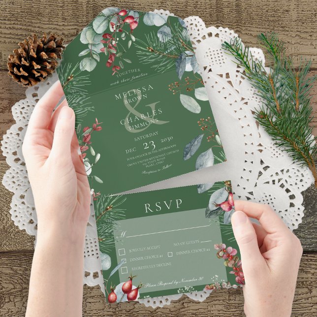 Green Winter Pine Berries Eucalyptus Dinner All In One Invitation (Also available with a QR code or without dinner selection options.)