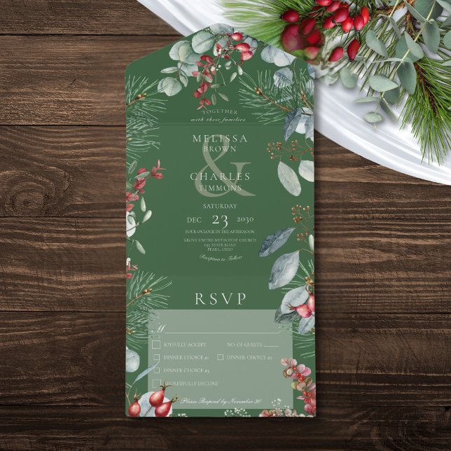 Green Winter Pine Berries Eucalyptus Three Dinner All In One Invitation (Green Winter Pine Berries Eucalyptus Three Dinner All In One Invitation)