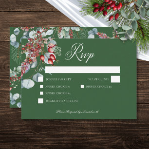 Green Winter Pine Berries Eucalyptus Wedding RSVP Card