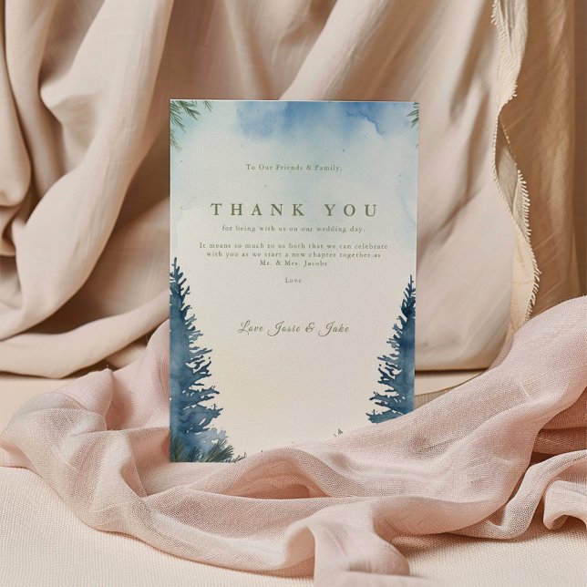 Green winter pine trees wedding table thank you card (Blue and green watercolor forest wedding invitation with pine tree border and elegant typography.)