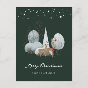 Green Winter Scene Stars Forest Deer Christmas Holiday Postcard