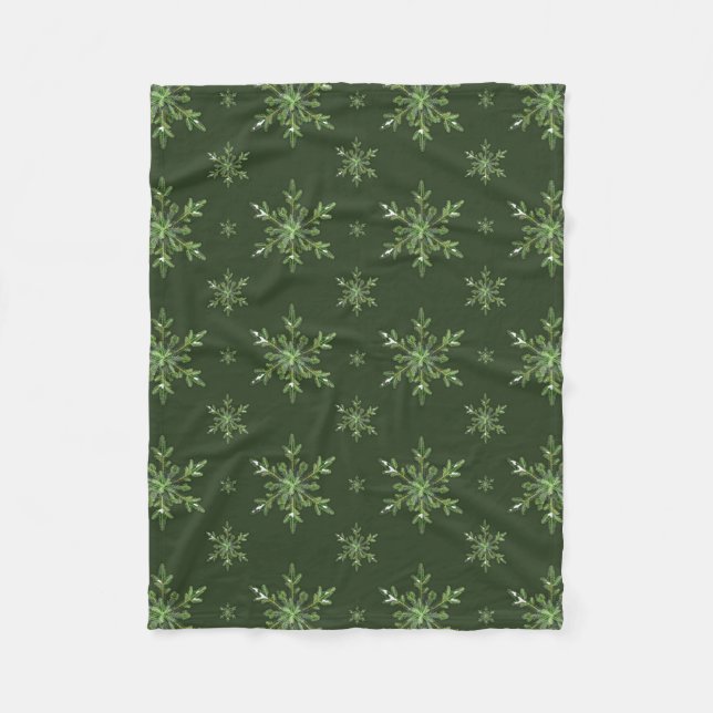 Green Winter Snowy Pine Snowflakes Pattern Fleece Blanket (Front)