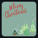 Green Winter Village Merry Christmas Square Sticker<br><div class="desc">This charming gift wrap sticker features original whimsical paintings of a winter village,  tiny houses,  snowflakes and pine trees on a festive mint green background. 

Matching wrapping paper,  tissue paper,  and gift wrap available.</div>