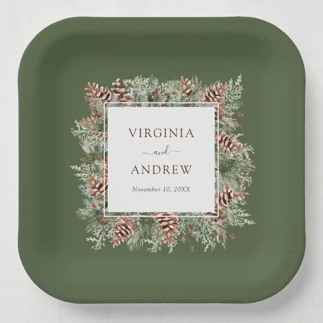 Green Winter Wedding Paper Plate (Hunter Green Mountain Pinecone Evergreen Wedding Paper Plates by Painted Paperie
)