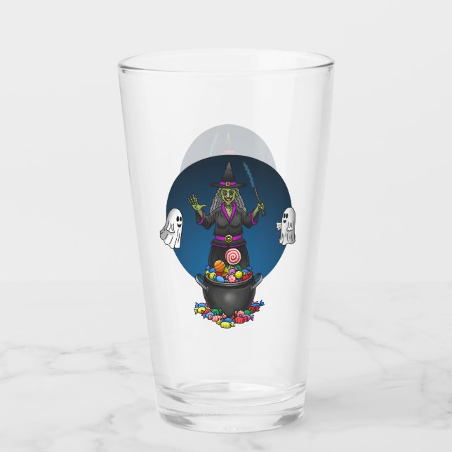 Green Witch and Ghosts Trick or Treat Halloween Glass (Front)