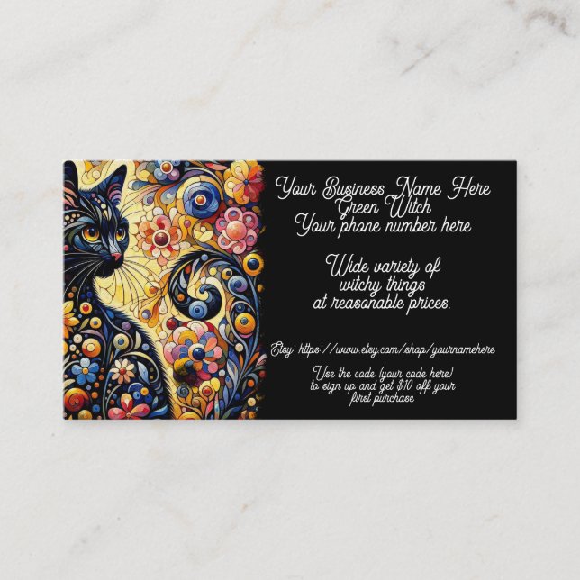 Green Witch Black Cat Witchy Shop Sales Etsy  Business Card (Front)