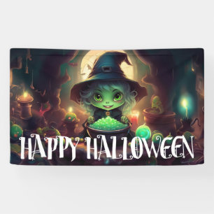 Green Witch Eating Candy Happy Halloween Banner