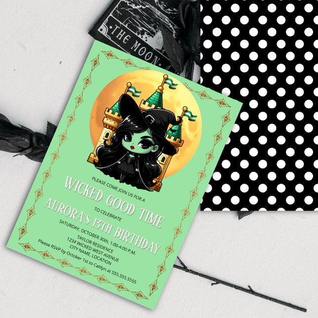 Green Witch Good Time Birthday Party Invitation (Little wicked green witch party invitation front and back view.)