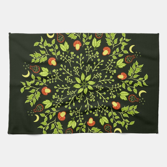 Green Witch Mandala - Potions and Mushrooms Tea Towel (Horizontal)