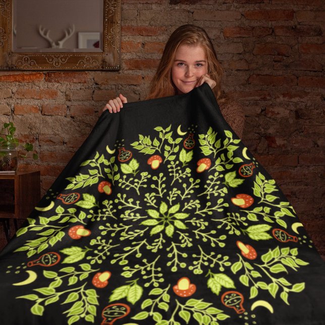Green witch potion mushroom leaves plants mandala fleece blanket (Creator Uploaded)