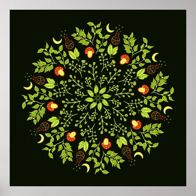 Green witch potion mushroom leaves plants mandala poster (Front)