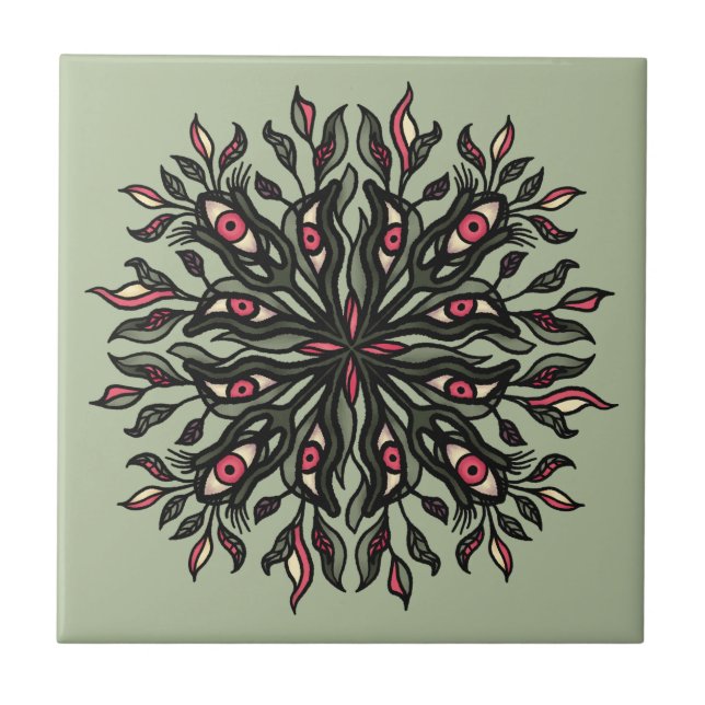 Green witch weird nature lover psychedelic art tile (Front)