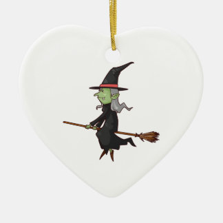 Green Witch with Grey Hair Flying on Broomstick Ceramic Tree Decoration