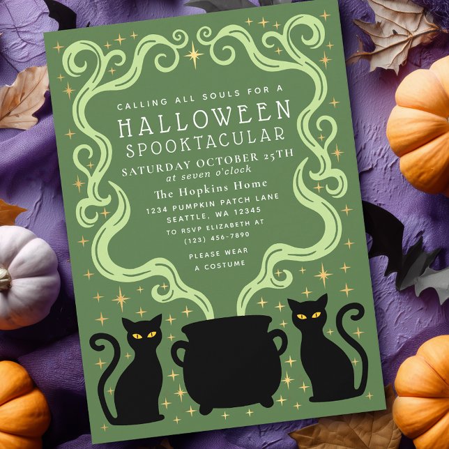Green Witchy Black Cat Cauldron Halloween Party Invitation (Creator Uploaded)
