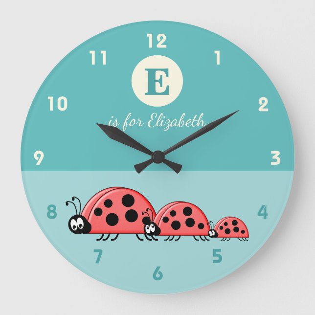 Green with a cute ladybird family baby name large clock (Front)