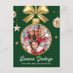 Green with Gold Bauble Family Photo Holiday Postcard