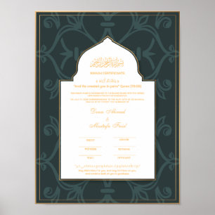 Green with Gold border nikkah certificate Poster