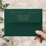 Green With Gold Elegant Script Wedding Invitation Envelope<br><div class="desc">The bride and grooms names and return address are show in gold elegant script on these forest green wedding invitation envelopes. To edit the text click on the personalise button.</div>