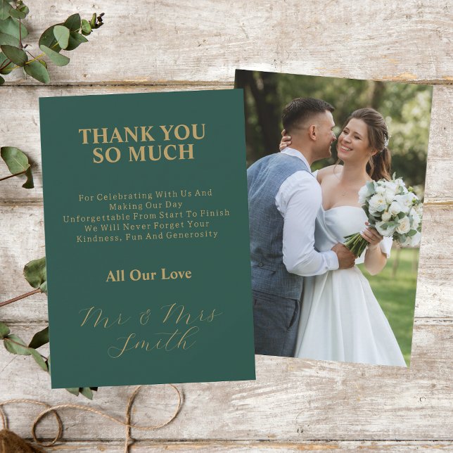 Green With Gold Elegant Script Wedding Photo Thank You Card (Front And Back)