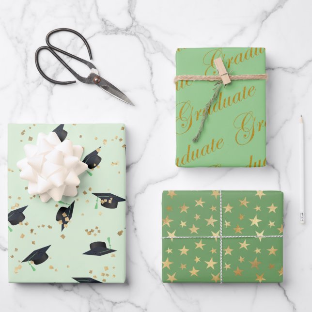 Green With Gold Foil Accents Set of 3 Graduation   Wrapping Paper Sheet (Front)