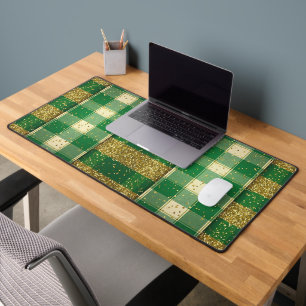 GREEN WITH GOLD GLITTER LOOK PLAID PATTERN DESK MAT