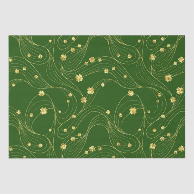 GREEN WITH GOLD THIN LINES & IRISH SHAMROCKS TISSUE PAPER (Front)