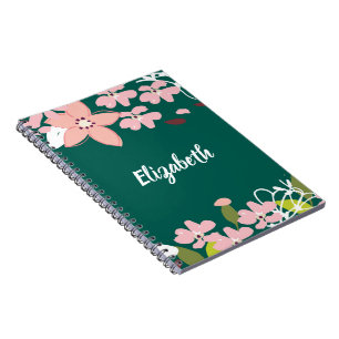 Green with Pink Flowers Personalised Notebook
