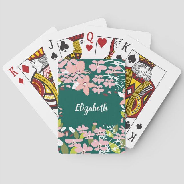 Green with Pink Flowers Personalised Playing Cards (Back)