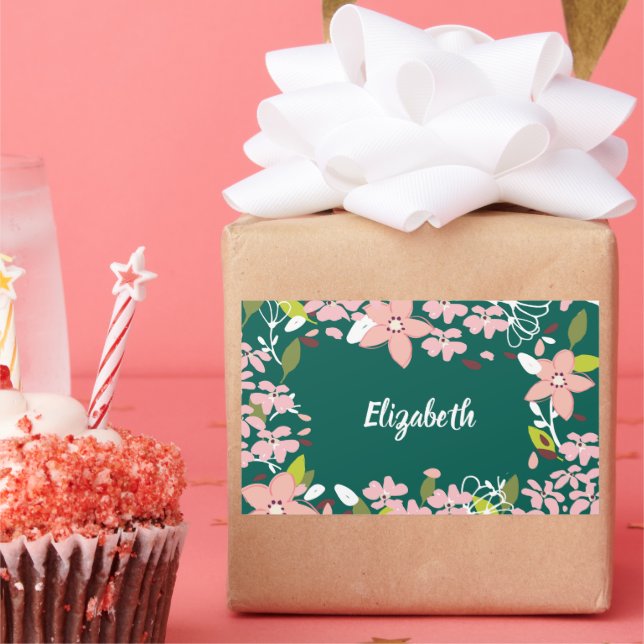Green with Pink Flowers Personalised Rectangular Sticker (Party)