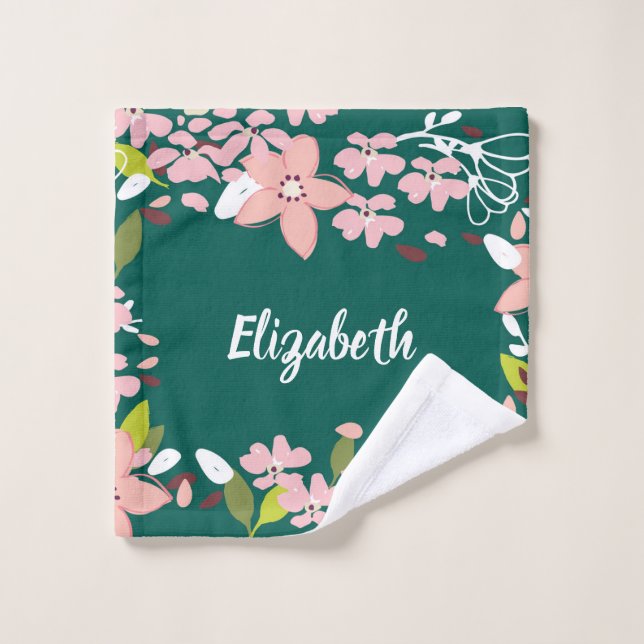 Green with Pink Flowers Personalised Wash Cloth (Wash Cloth)