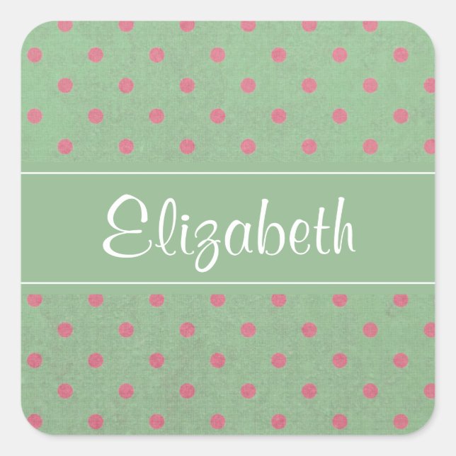Green with Pink Polka Dots Personalised Square Sticker (Front)