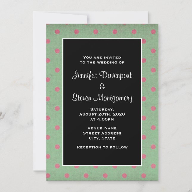 Green with Pink Polka Dots Wedding Invitation (Front)