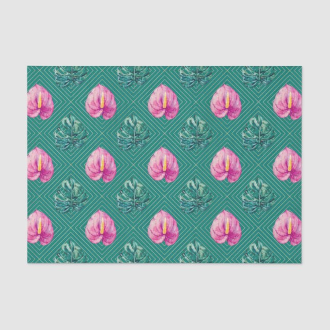 Green with Tropical Flowers and Palm Leaves Tissue Paper (Front)