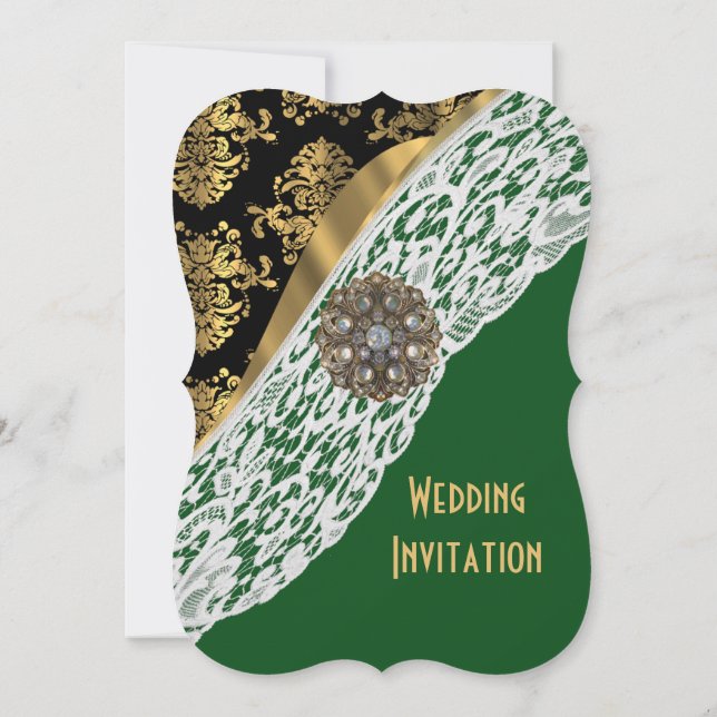 Green with white lace gold damask wedding invitation (Back)