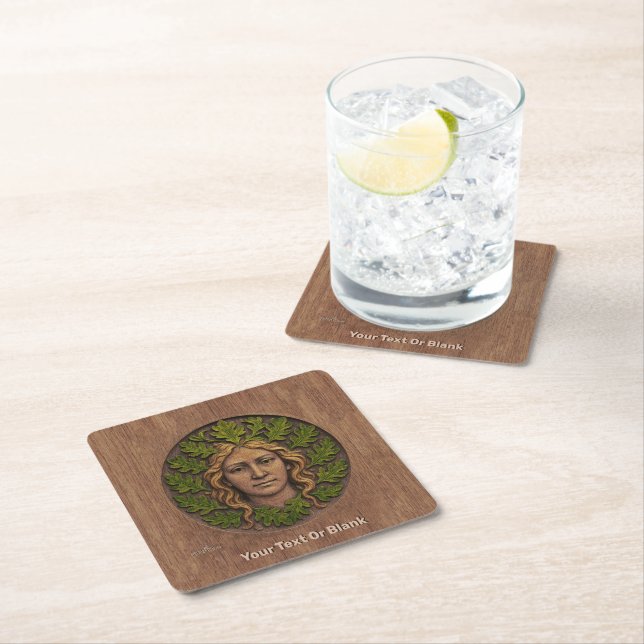 Green Woman - Wood Square Paper Coaster (Insitu)