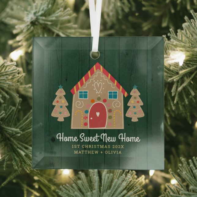 Green Wood Gingerbread New Home First Christmas Glass Tree Decoration (Insitu)