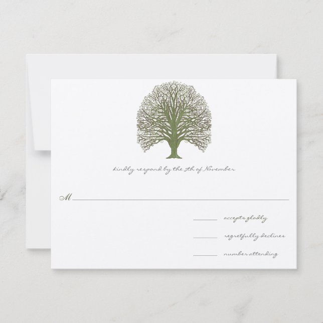 Green Wood Grain Tree Wedding RSVP Card (Front)