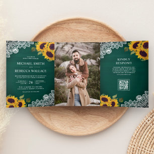Green Wood Lace Sunflower Photo QR Code Wedding Tri-Fold Invitation