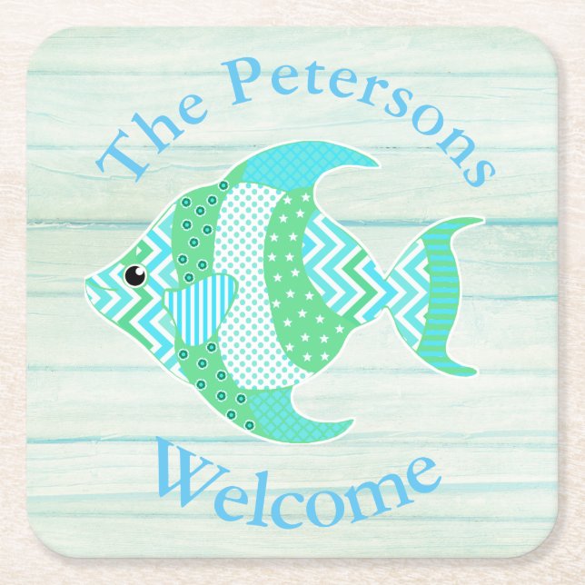 Green Wood Look Fish Custom Paper Coasters (Front)