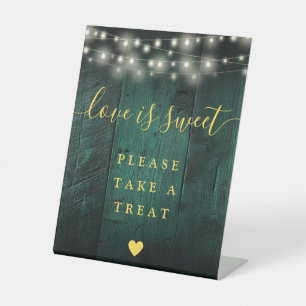 Green Wood String Lights Love Is Sweet Favor  Pedestal Sign