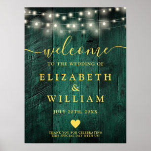 Green Wood String Lights Wedding Welcome Sign