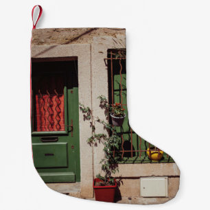 GREEN WOODEN DOOR WITH GREEN PLANT SMALL CHRISTMAS STOCKING