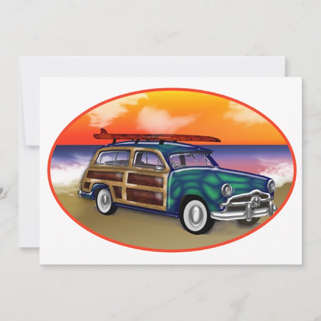Green Woodie & Surfboard at Sunset Invitation (Front)
