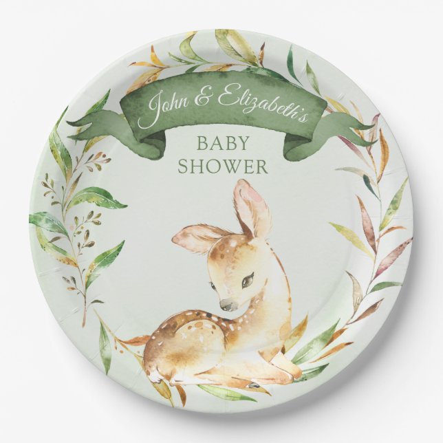 Green Woodland Baby Deer Custom Baby Shower Paper Plate (Front)