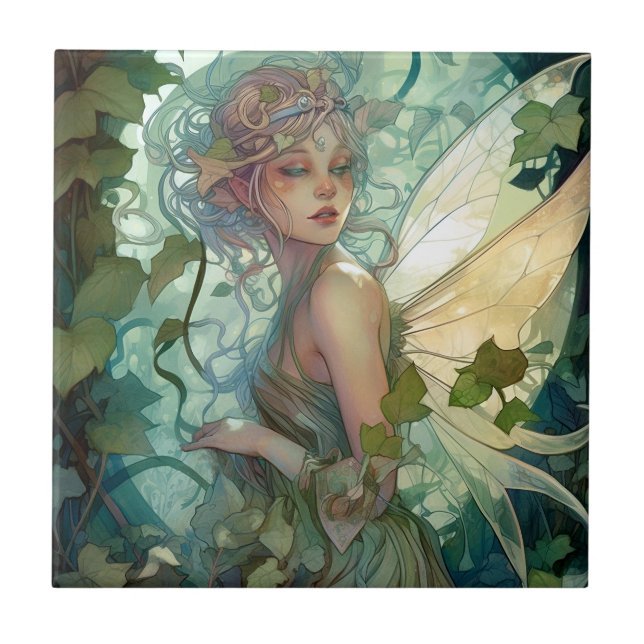 Green Woodland Fairy Fantasy Art Tile (Front)