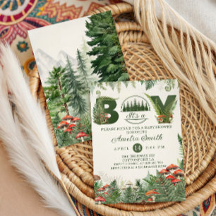 Green Woodland Mushroom It’s a Boy Forest Invitation
