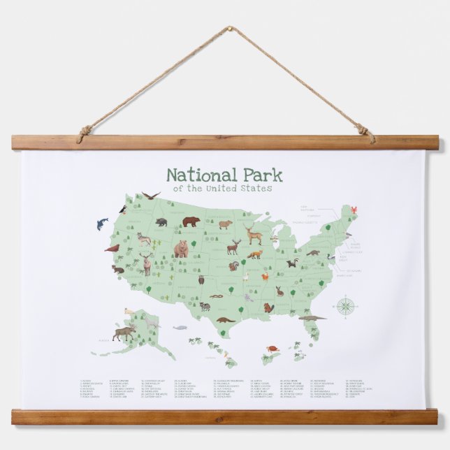Green Woodland National Parks Map Nursery Decor Hanging Tapestry (Front)