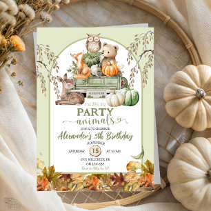Green Woodland Pumpkin Truck Animals Birthday Invitation